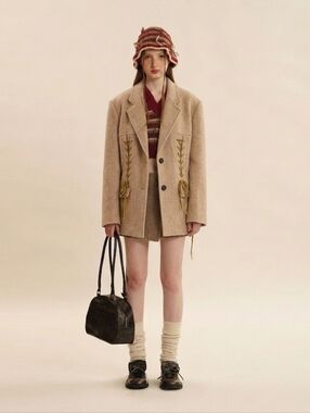 Moromoro Wool Tweed Corset Lace-Up Oversized Blazer Jacket Camel 8